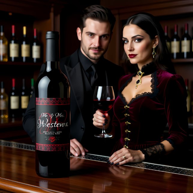 Gothic Red Damask Rose Wedding Wine Label (Creator Uploaded)