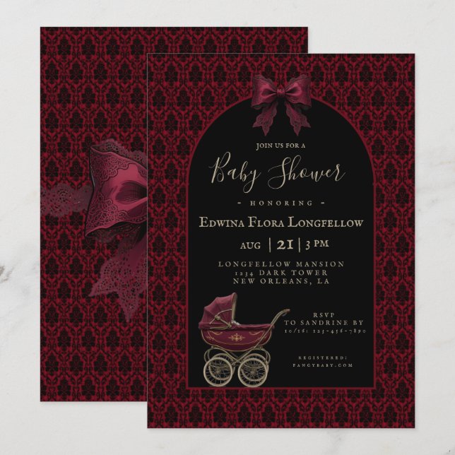 Gothic Red Damask Victorian Pram Baby Shower Invitation (Front/Back)