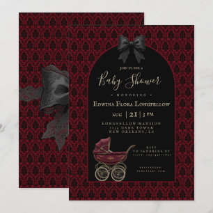 Gothic Red Damask Victorian Pram Baby Shower Invitation