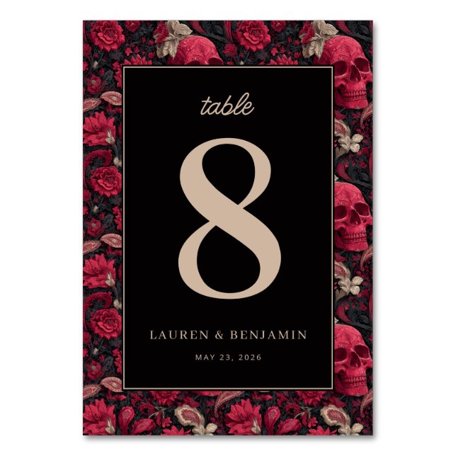 Gothic Red Floral Skull Border Table Number (Front)