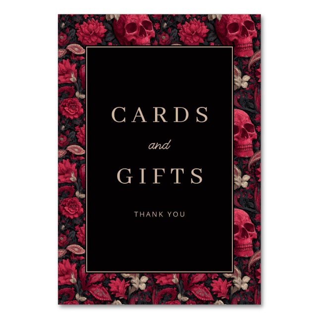 Gothic Red Floral Skulls Border Table Number (Front)