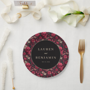 Gothic Red Floral Skulls Paper Plate