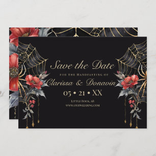 Gothic Red & Gold Floral Spider Web Handfasting Save The Date