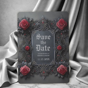 Gothic Red Grey Floral Wedding Save the Date