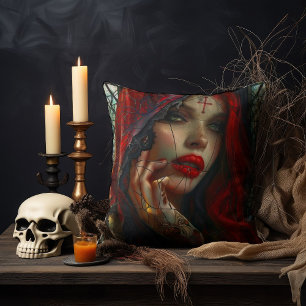 Gothic Red-Haired Nun – Dark Stained Glass   Cushion