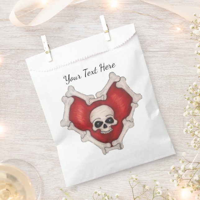 Gothic Red Heart Bone Border White Skull Favour Bag (Clipped)