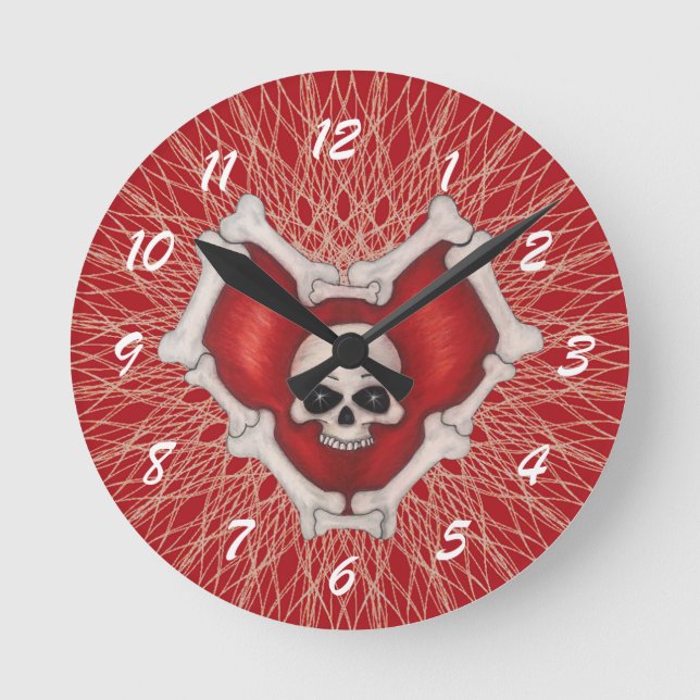 Gothic Red Heart Bones Skulls Spiral White Lines Round Clock (Front)