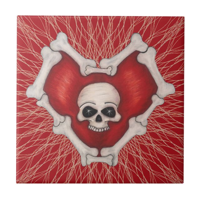 Gothic Red Heart With Bones Skull in Centre Spiral Ceramic Tile (Front)