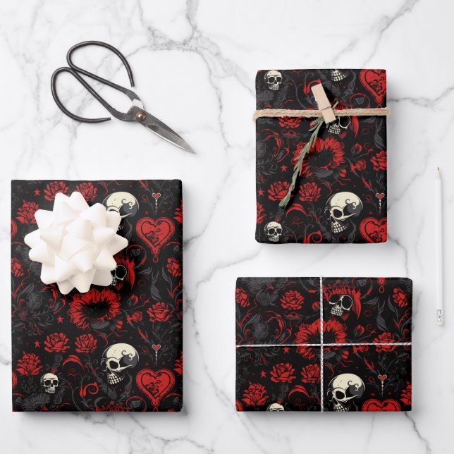 Gothic Red Hearts Black Flowers and Skulls Wrapping Paper Sheet (Front)