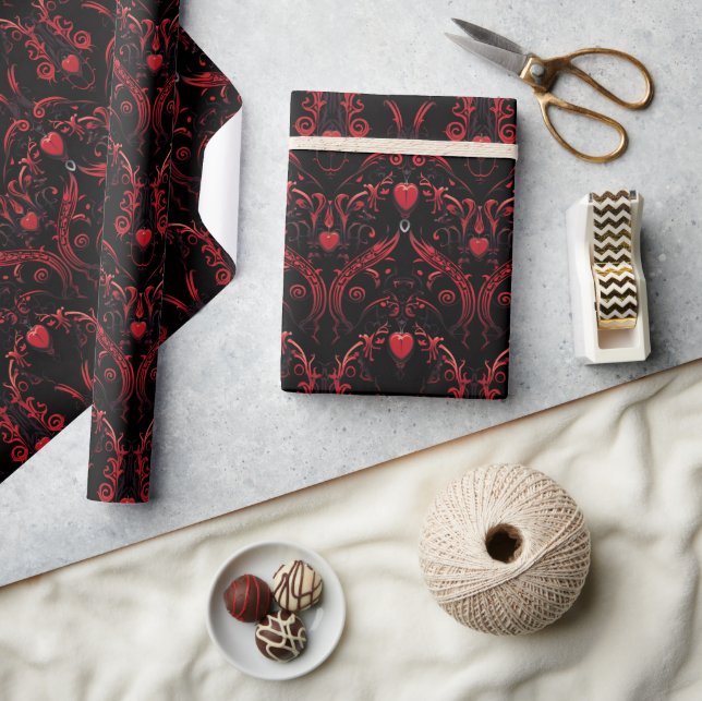 Gothic Red Hearts Intricate Design Wrapping Paper (Crafts)
