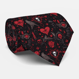 Gothic Red Hearts, Skulls and Crows Tie