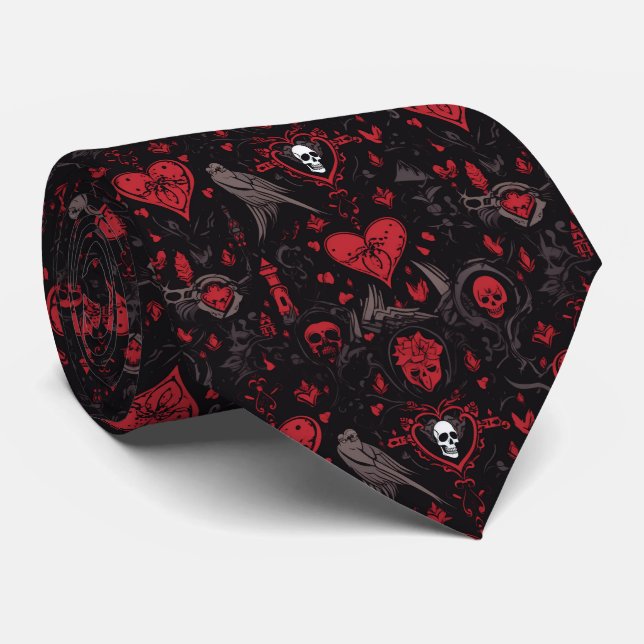 Gothic Red Hearts, Skulls and Crows Tie (Rolled)