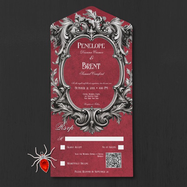 Gothic Red Moody Victorian Frame QR Code All In One Invitation (Gothic Red Moody Victorian Frame QR Code All In One Invitation)