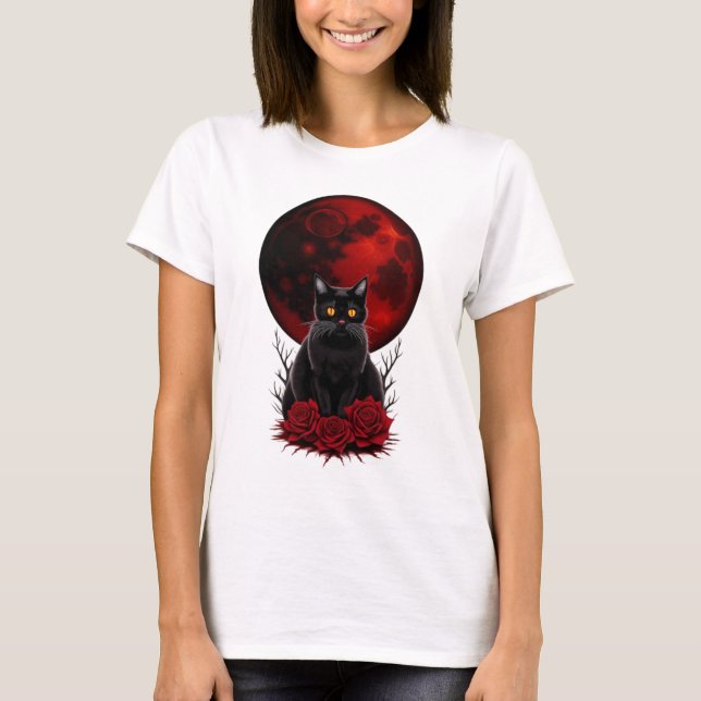 Gothic red moon and black cat Tshirt  (Front)