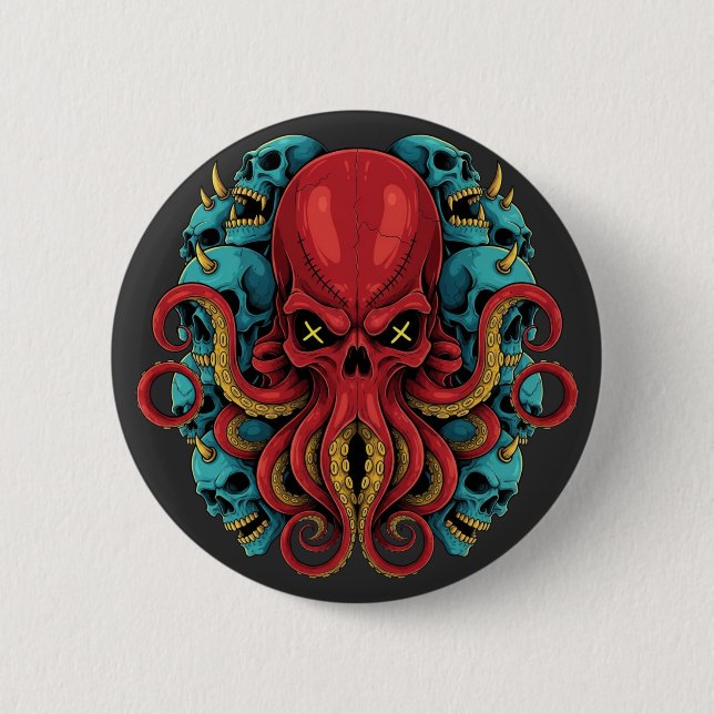 Gothic Red Octopus Blue Skulls 6 Cm Round Badge (Front)