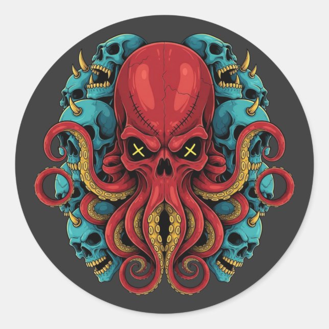 Gothic Red Octopus Blue Skulls Classic Round Sticker (Front)
