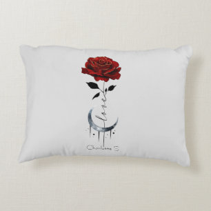 Gothic Red Rose and Crescent Moon with Love Decorative Cushion