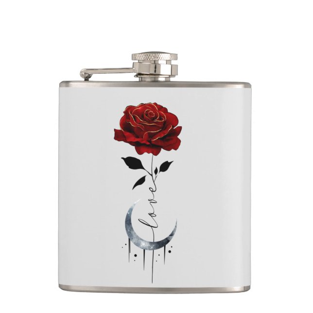 Gothic Red Rose and Crescent Moon with Love Hip Flask (Front)