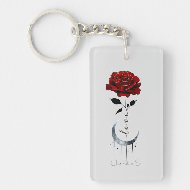 Gothic Red Rose and Crescent Moon with Love Key Ring (Front)