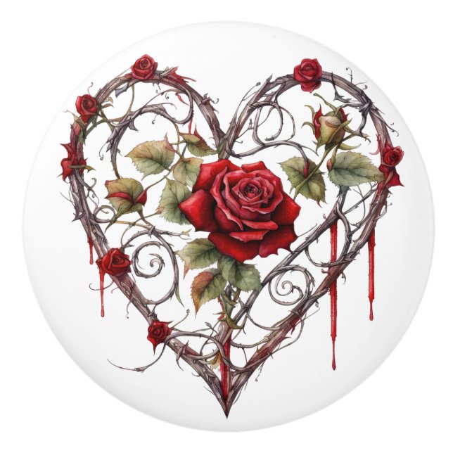 Gothic Red Rose Heart Vine Artwork Vintage Elegant Ceramic Knob (Front)