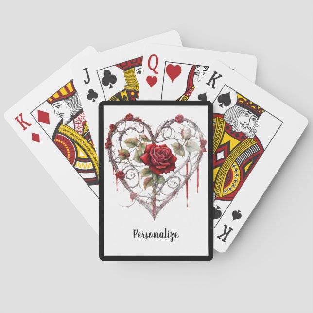 Gothic Red Rose Heart with Vine Accent Personalize Playing Cards (Back)