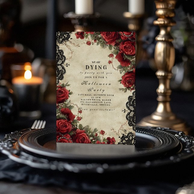 Gothic Red Rose Lace Halloween Party Invitation (Creator Uploaded)