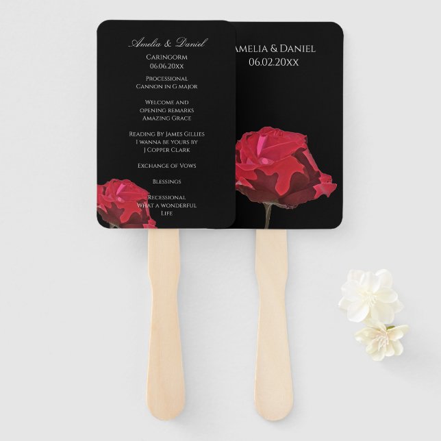 Gothic Red Rose on Black Wedding Program Hand Fan (Front and Back)