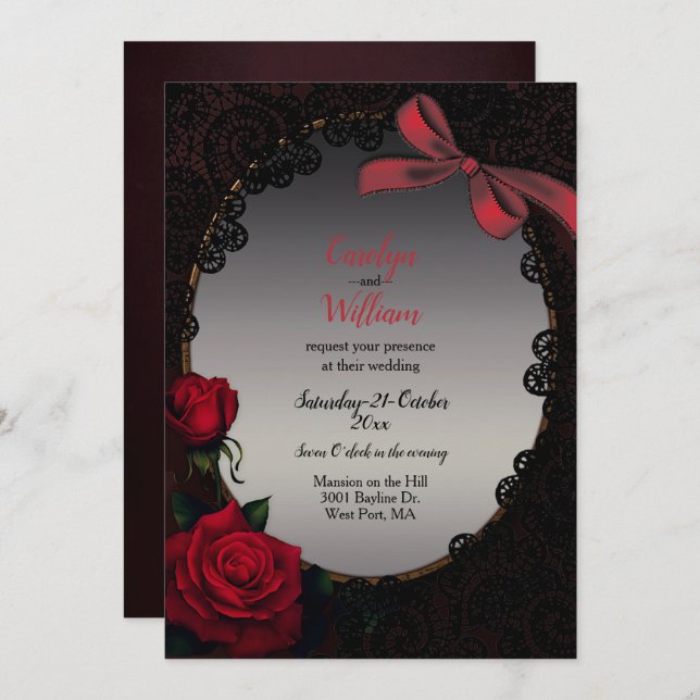 Gothic Red Roses and Black Lace Wedding Invitation (Front/Back)
