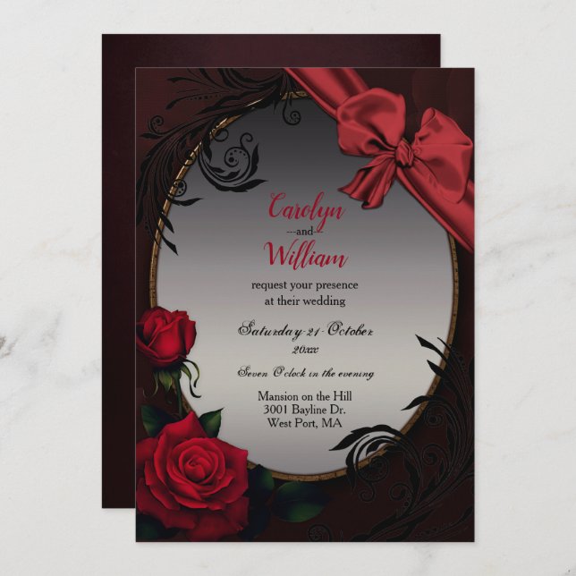 Gothic Red Roses and Bow Wedding  Invitation (Front/Back)