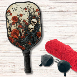 Gothic Red Roses and Skulls Monogram  Pickleball Paddle