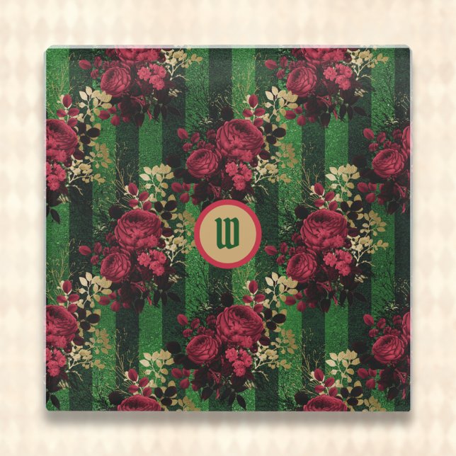 Gothic Red Roses and Stripes with Initial Glass Coaster (Creator Uploaded)