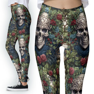 Gothic Red Roses Blue Flowers Ivy Celtic Skulls Leggings