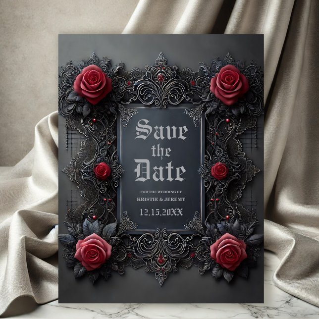 Gothic Red Roses on Grey Save the Date Announcement Postcard (Gothic Save the Date postcard with Red Roses on a dark gray background.)