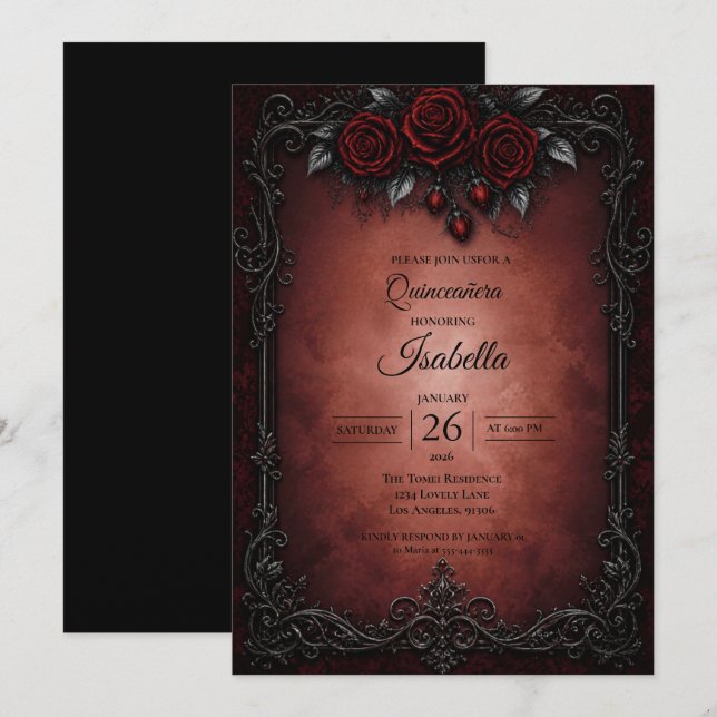 Gothic Red roses Quinceañera Invitation (Front/Back)
