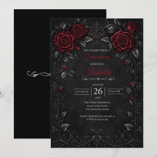 Gothic Red roses Quinceañera Invitation (Front/Back)