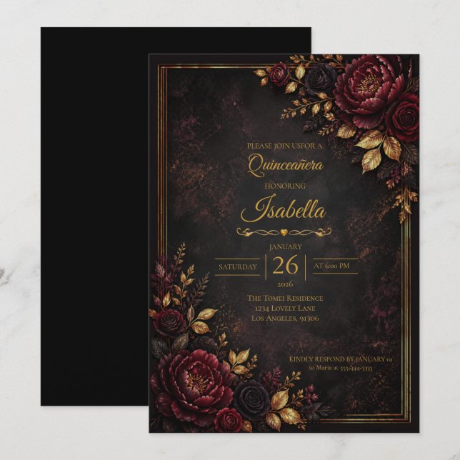 Gothic Red roses Quinceañera Invitation (Front/Back)