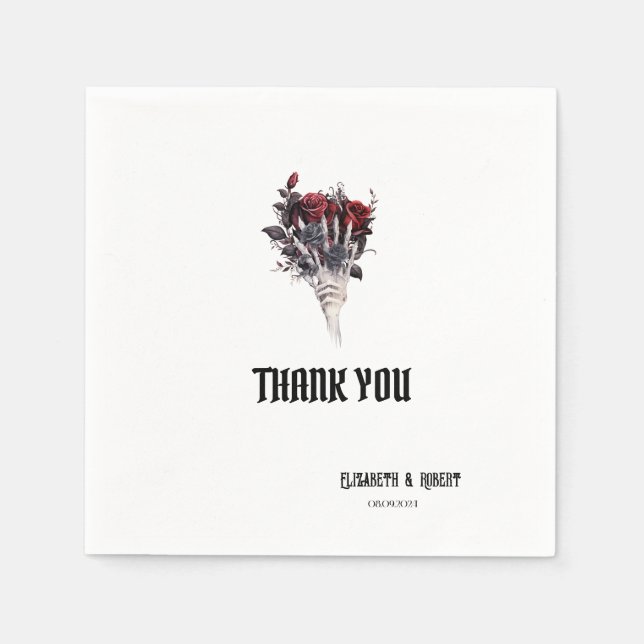 Gothic Red Roses Skeleton Thank You Napkin (Front)