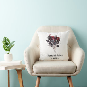 Gothic Red Roses Skeleton Wedding Cushion
