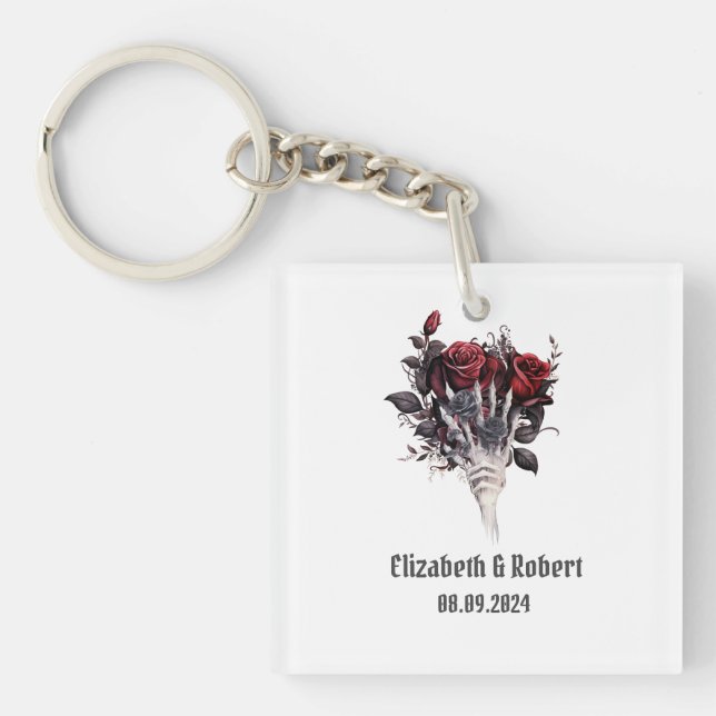 Gothic Red Roses Skeleton Wedding  Key Ring (Front)