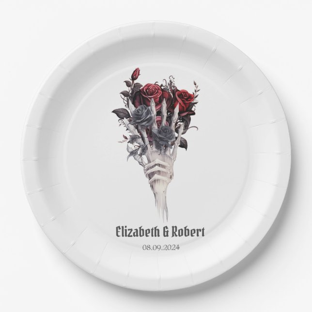 Gothic Red Roses Skeleton Wedding  Paper Plate (Front)