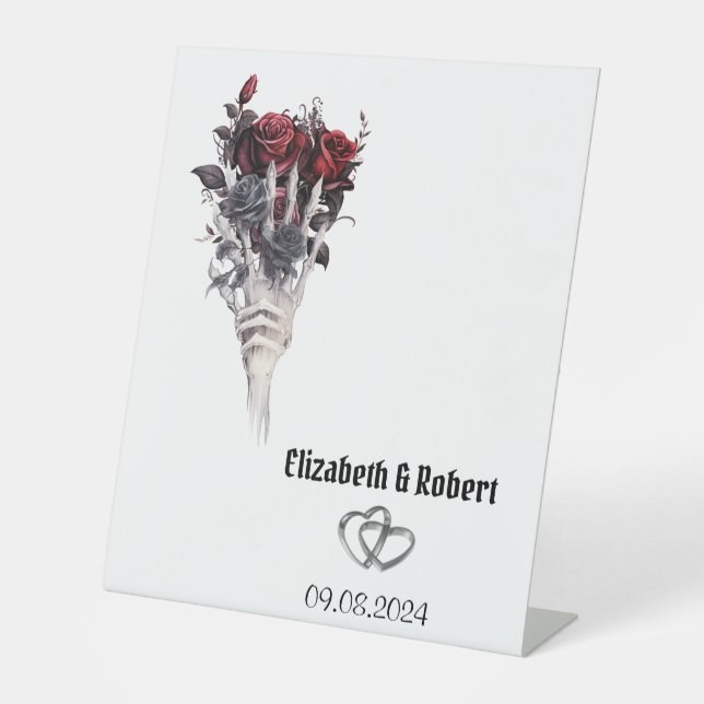 Gothic Red Roses Skeleton Wedding  Pedestal Sign (Front)