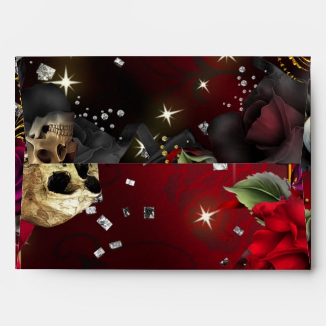 Gothic Red Roses & Skulls Glam Invitation Envelope (Back (Top Flap))