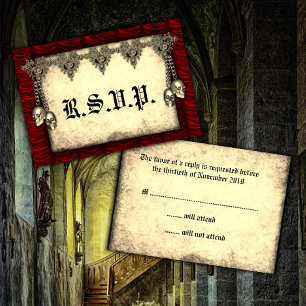 Gothic Red Silk and Gold Skulls Wedding RSVP Card