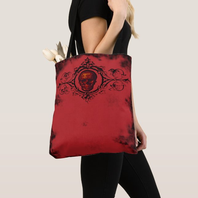 Gothic Red Skull Tote Bag (Close Up)