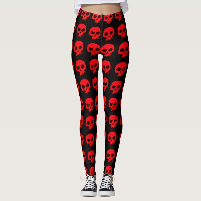 Gothic Red Skulls on Black Style Leggings (Front)