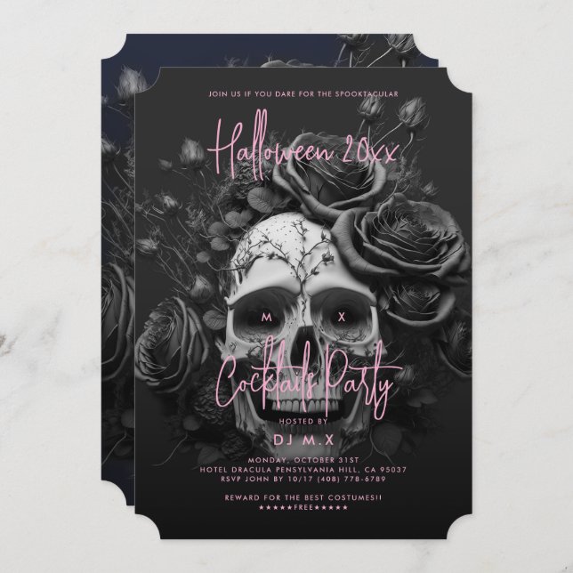 Gothic Retro Adult Halloween Party Skull Pink Invitation (Front/Back)