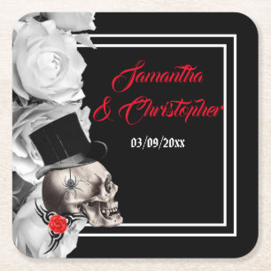 Gothic rock or biker black wedding square paper coaster