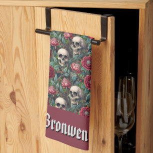 Gothic Rococo Flowers and Skulls Tea Towel