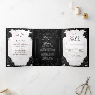 Gothic Romance Black & White "Together With" Tri-Fold Invitation