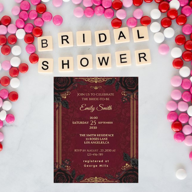 Gothic Romance Burgundy&Black Roses Bridal Shower Invitation (Creator Uploaded)
